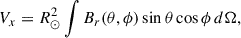 Mathematical equation: $$ \begin{aligned} V_x&= R_\odot ^2 \int B_r(\theta , \phi ) \sin \theta \cos \phi \, d\Omega ,\end{aligned} $$