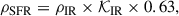Mathematical equation: $$ \begin{aligned} \rho _{\rm SFR} = \rho _{\rm IR} \times \mathcal{K} _{\rm IR} \times 0.63, \end{aligned} $$