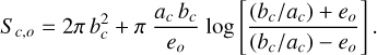 Mathematical equation: $\[S_{c, o}=2 \pi ~b_c^2+\pi \frac{a_c ~b_c}{e_o} \log \left[\frac{\left(b_c / a_c\right)+e_o}{\left(b_c / a_c\right)-e_o}\right].\]$