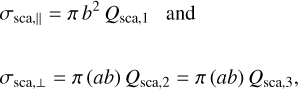 Mathematical equation: $\[\begin{aligned}&\sigma_{\mathrm{sca}, \|}=\pi b^2 ~Q_{\mathrm{sca}, 1} ~\text { and }\\\qquad\\&\sigma_{\mathrm{sca}, \perp}=\pi(a b) ~Q_{\mathrm{sca}, 2}=\pi(a b) ~Q_{\mathrm{sca}, 3},\end{aligned}\]$