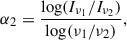Mathematical equation: $$ \begin{aligned} \alpha _2 = \frac{\log (I_{\nu _{1}}/I_{\nu _{2}})}{\log (\nu _1/\nu _2)} , \end{aligned} $$
