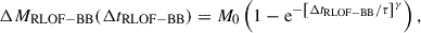 Mathematical equation: $$ \begin{aligned} \Delta M_{\rm RLOF-BB}(\Delta t_{\rm RLOF-BB}) = M_0\left(1-\mathrm{e} ^{-\left[{\Delta t_{\rm RLOF-BB}}/{\tau }\right]^\gamma }\right), \end{aligned} $$