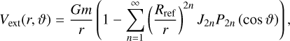 Mathematical equation: $V_{\mathrm{ext}}(r, \vartheta)=\frac{G m}{r}\left(1-\sum_{n=1}^{\infty}\left(\frac{R_{\mathrm{ref}}}{r}\right)^{2 n} J_{2 n} P_{2 n}(\cos \vartheta)\right),$
