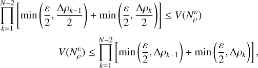 Mathematical equation: $\begin{align*} \prod_{k=1}^{N-2}\left[\min \left(\frac{\varepsilon}{2}, \frac{\Delta \rho_{k-1}}{2}\right)\right. & \left.+\min \left(\frac{\varepsilon}{2}, \frac{\Delta \rho_{k}}{2}\right)\right] \leq V\left(N_{\rho}^{\varepsilon}\right) \\ V\left(N_{\rho}^{\varepsilon}\right) & \leq \prod_{k=1}^{N-2}\left[\min \left(\frac{\varepsilon}{2}, \Delta \rho_{k-1}\right)+\min \left(\frac{\varepsilon}{2}, \Delta \rho_{k}\right)\right] \end{align*}$