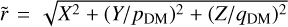 Mathematical equation: $\tilde{r} =\sqrt{X^2 + (Y/p_{\rm DM})^2 + (Z/q_{\rm DM})^2}$