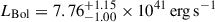 Mathematical equation: $ L_{\mathrm{Bol}} = 7.76^{+1.15}_{-1.00} \times 10^{41} \, \mathrm{erg \, s^{-1}} $