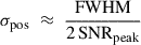 Mathematical equation: $$ \begin{aligned} \sigma _{\rm pos} \;\approx \; \frac{\mathrm{FWHM} }{2\,\mathrm{SNR} _{\rm peak}} \end{aligned} $$