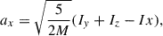 Mathematical equation: $$ \begin{aligned} a_x = \sqrt{\frac{5}{2M}}(I_y+I_z-Ix), \end{aligned} $$