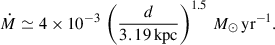 Mathematical equation: $ \dot{M} \simeq 4 \times 10^{-3}\, \left(\frac{d}{3.19 \, \mathrm{kpc}}\right)^{1.5} \, M_\odot \, \mathrm{yr^{-1}}. $