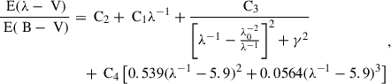 Mathematical equation: $$ \begin{aligned} \begin{aligned} \frac{\text{ E}(\lambda - \text{ V})}{\text{ E}(\text{ B} - \text{ V})}&= \text{ C}_2 + \text{ C}_1 \lambda ^{-1} + \frac{\text{ C}_3}{\left[ \lambda ^{-1} - \frac{\lambda _0^{-2}}{\lambda ^{-1}} \right]^2 + \gamma ^2} \\&\quad + \text{ C}_4 \left[ 0.539(\lambda ^{-1} - 5.9)^2 + 0.0564(\lambda ^{-1} - 5.9)^3 \right] \end{aligned} ,\end{aligned} $$