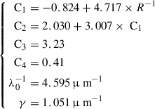 Mathematical equation: $$ \begin{aligned} \left\{ \begin{aligned} \text{ C}_1&= -0.824 + 4.717 \times R^{-1} \\ \text{ C}_2&= 2.030 + 3.007 \times \text{ C}_1 \\ \text{ C}_3&= 3.23 \\ \text{ C}_4&= 0.41 \\ \lambda _0^{-1}&= 4.595 \, \upmu \text{ m}^{-1}\\ \gamma&= 1.051 \, \upmu \text{ m}^{-1} \end{aligned}\right. \end{aligned} $$