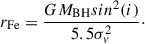 Mathematical equation: $$ \begin{aligned} r_{\rm Fe} = \frac{GM_{\rm BH} sin^2(i)}{5.5 \sigma _v^2}\cdot \end{aligned} $$