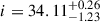 Mathematical equation: $ i = 34.11^{+0.26}_{-1.23} $
