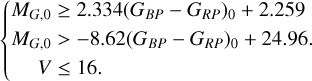 Mathematical equation: \left\{ \begin{aligned} M_{G,0} &\geq 2.334(G_{BP} - G_{RP})_0 + 2.259 \\ M_{G,0} &> -8.62(G_{BP} - G_{RP})_0 + 24.96. \\ V &\leq 16. \end{aligned} \right.