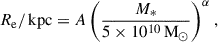 Mathematical equation: $$ \begin{aligned} R_{\rm e}/\,\mathrm{kpc}=A\left(\frac{M_*}{5\times 10^{10}\,\mathrm{M_\odot }}\right)^{\alpha } ,\end{aligned} $$