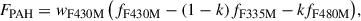 Mathematical equation: $$ \begin{aligned} F_{\mathrm{PAH} }&= w_\mathrm{F430M} \,\bigl (f_\mathrm{F430M} - (1-k) f_{\mathrm{F335M} } - k f_{\mathrm{F480M} }\bigr ), \end{aligned} $$