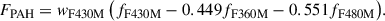 Mathematical equation: $$ \begin{aligned} F_{\mathrm{PAH} } = w_\mathrm{F430M} \,\bigl (f_\mathrm{F430M} - 0.449 f_{\mathrm{F360M} } - 0.551 f_{\mathrm{F480M} }\bigr ). \end{aligned} $$
