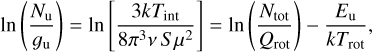 Mathematical equation: $\ln \left(\frac{N_{\mathrm{u}}}{g_{\mathrm{u}}}\right)=\ln \left[\frac{3 k T_{\mathrm{int}}}{8 \pi^{3} v S \mu^{2}}\right]=\ln \left(\frac{N_{\mathrm{tot}}}{Q_{\mathrm{rot}}}\right)-\frac{E_{\mathrm{u}}}{k T_{\mathrm{rot}}},$