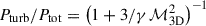 Mathematical equation: $ P_{\mathrm{turb}}/P_{\mathrm{tot}} = \left(1+3/\gamma\,\mathcal{M}_{\mathrm{3D}}^{2}\right)^{-1} $
