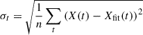Mathematical equation: $$ \begin{aligned} {\sigma _t=\sqrt{\frac{1}{n}\sum _t \left( X(t)-X_{\rm fit}(t)\right)^2}} \end{aligned} $$