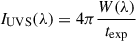 Mathematical equation: $ I_\mathrm{{UVS}}(\lambda) = 4\pi \frac{W(\lambda)}{t_{\exp}} $