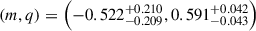 Mathematical equation: $$ \begin{aligned} (m,q) = \left(-0.522^{+0.210}_{-0.209}, 0.591^{+0.042}_{-0.043}\right) \end{aligned} $$