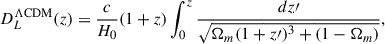 Mathematical equation: $$ \begin{aligned} D_L^{\Lambda \mathrm{{CDM}}}(z) = \frac{c}{H_0} (1+z) \int _0^{z}{\frac{dz\prime }{\sqrt{\Omega _m(1+z\prime )^3 + (1-\Omega _m)}}}, \end{aligned} $$