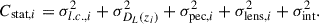 Mathematical equation: $$ \begin{aligned} C_{\mathrm{{stat}}, i} = \sigma ^2_{l.c., i} + \sigma ^2_{D_L(z_i)} + \sigma ^2_{\mathrm{{pec}}, i} + \sigma ^2_{\mathrm{{lens}}, i} + \sigma ^2_{\rm {int}} .\end{aligned} $$