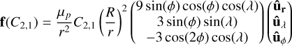 Mathematical equation: $\mathbf{f}\left(C_{2,1}\right)=\frac{\mu_{p}}{r^{2}} C_{2,1}\left(\frac{R}{r}\right)^{2}\left(\begin{array}{c}9 \sin (\phi) \cos (\phi) \cos (\lambda) \\ 3 \sin (\phi) \sin (\lambda) \\ -3 \cos (2 \phi) \cos (\lambda)\end{array}\right)\left(\begin{array}{c}\hat{\mathbf{u}}_{\mathbf{r}} \\ \hat{\mathbf{u}}_{\lambda} \\ \hat{\mathbf{u}}_{\phi}\end{array}\right)$