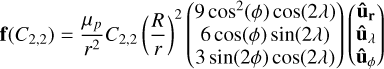 Mathematical equation: $\mathbf{f}\left(C_{2,2}\right)=\frac{\mu_{p}}{r^{2}} C_{2,2}\left(\frac{R}{r}\right)^{2}\left(\begin{array}{c}9 \cos ^{2}(\phi) \cos (2 \lambda) \\ 6 \cos (\phi) \sin (2 \lambda) \\ 3 \sin (2 \phi) \cos (2 \lambda)\end{array}\right)\left(\begin{array}{l}\hat{\mathbf{u}}_{\mathbf{r}} \\ \hat{\mathbf{u}}_{\lambda} \\ \hat{\mathbf{u}}_{\phi}\end{array}\right)$