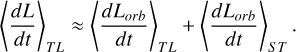 Mathematical equation: $\left\langle\frac{d L}{d t}\right\rangle_{T L} \approx\left\langle\frac{d L_{{orb}}}{d t}\right\rangle_{T L}+\left\langle\frac{d L_{{orb}}}{d t}\right\rangle_{S T}.$