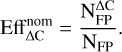 Mathematical equation: $\[\mathrm{Eff}_{\Delta \mathrm{C}}^{\mathrm{nom}}=\frac{\mathrm{N}_{\mathrm{FP}}^{\Delta \mathrm{C}}}{\mathrm{~N}_{\mathrm{FP}}}.\]$