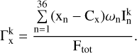 Mathematical equation: $\[\mathrm{\Gamma_x^k=\frac{\sum_{n=1}^{36}\left(x_n-C_x\right) \omega_n I_n^k}{F_{t o t}}}.\]$