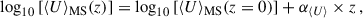 Mathematical equation: $$ \begin{aligned} \log _{10} \left[ \langle U \rangle _{\mathrm{MS} }(z) \right] = \log _{10} \left[ \langle U \rangle _{\mathrm{MS} }(z = 0) \right] + \alpha _{\langle U \rangle } \times z \,, \end{aligned} $$