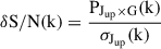 Mathematical equation: $$ \begin{aligned} \delta {\mathrm{S/N} }\mathrm{(k)} = \frac{\mathrm{P}_{\mathrm{J}_{\rm {up}} \times \mathrm{G}}\mathrm{(k)}}{\sigma _{\mathrm{J}_{\rm {up}}}\mathrm{(k)} } \end{aligned} $$