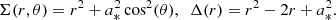 Mathematical equation: $$ \begin{aligned} \Sigma (r, \theta ) = r^2 + a_*^2 \cos ^2(\theta ) ,\,\,\, \Delta (r) = r^2 - 2r + a_*^2. \end{aligned} $$