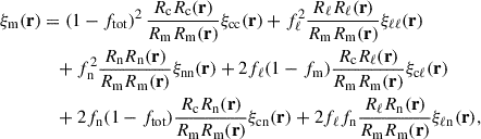 Mathematical equation: $$ \begin{aligned} \xi _{\rm m}(\mathbf r )&= (1-f_{\rm {tot}})^2 \, \frac{R_{\rm c} R_{\rm c} (\mathbf r )}{R_{\rm {m}} R_{\rm {m}} (\mathbf r )} \xi _{\rm {cc}}(\mathbf r ) + f_{\ell }^2 \frac{R_{\ell } R_{\ell }(\mathbf r )}{R_{\rm m} R_{\rm m}(\mathbf r )} \xi _{\ell \ell }(\mathbf r ) \\ &\quad + f_{\rm n}^2 \frac{R_{\rm n} R_{\rm n}(\mathbf r )}{R_{\rm m} R_{\rm m}(\mathbf r )} \xi _{\rm {nn}}(\mathbf r ) + 2 f_{\ell }(1-f_{\rm m}) \frac{R_{\rm c} R_{\ell }(\mathbf r )}{R_{\rm m} R_{\rm m}(\mathbf r )} \xi _{\rm c\ell }(\mathbf r ) \\ \nonumber&\quad + 2 f_{\rm n}(1-f_{\rm {tot}}) \frac{R_{\rm c} R_{\rm n}(\mathbf r )}{R_{\rm m} R_{\rm m}(\mathbf r )} \xi _{\rm {cn}}(\mathbf r ) + 2 f_{\ell } f_{\rm n}\frac{R_{\ell } R_{\rm n}(\mathbf r )}{R_{\rm m} R_{\rm m}(\mathbf r )} \xi _{\rm \ell n}(\mathbf r ), \end{aligned} $$