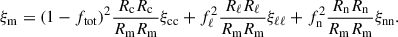 Mathematical equation: $$ \begin{aligned} \xi _{\rm m} = (1-f_{\rm {tot}})^2 \frac{R_{\rm c}R_{\rm c}}{R_{\rm m} R_{\rm m}} \xi _{\rm {cc}} + f_{\rm \ell }^2 \frac{R_{\ell } R_{\ell }}{R_{\rm m} R_{\rm m}} \xi _{\ell \ell } + f_{\rm n}^2 \frac{R_{\rm n} R_{\rm n}}{R_{\rm m} R_{\rm m}} \xi _{\rm {nn}} . \end{aligned} $$