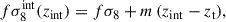 Mathematical equation: $$ \begin{aligned} f\sigma ^\mathrm{int}_8 (z_{\rm int}) = f\sigma _8 + m \, (z_{\rm int} - z_{\rm t}) , \end{aligned} $$