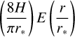Mathematical equation: $\displaystyle \left( \frac{8H}{\pi r_*}\right) E\left(\frac{r}{r_*}\right)$