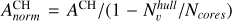 Mathematical equation: $A_{{norm}}^{\mathrm{CH}}=A^{\mathrm{CH}} /\left(1-N_{v}^{{hull}} / N_{{cores}}\right)$