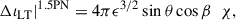 Mathematical equation: $$ \begin{aligned}&\Delta \iota _{\rm LT}|^\mathrm{1.5PN} = 4\pi \epsilon ^{3/2} \sin \theta \cos \beta \;\;\chi , \end{aligned} $$
