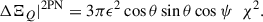 Mathematical equation: $$ \begin{aligned}&\Delta \Xi _{Q}|^\mathrm{2PN} = 3\pi \epsilon ^{2} \cos \theta \sin \theta \cos \psi \;\;\chi ^{2}. \end{aligned} $$