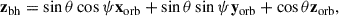Mathematical equation: $$ \begin{aligned} \mathbf z _{\mathrm{bh} } = \sin \theta \cos \psi \mathbf x _{\mathrm{orb} } + \sin \theta \sin \psi \mathbf y _{\mathrm{orb} } + \cos \theta \mathbf z _{\mathrm{orb} }, \end{aligned} $$