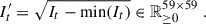 Mathematical equation: $$ \begin{aligned} I^{\prime }_t = \sqrt{I_t - \min (I_t)} \in \mathbb{R} _{\ge 0}^{59\times 59} \;. \end{aligned} $$