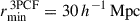 Mathematical equation: $ r_\mathrm{{min}}^\mathrm{{\,3PCF}} = 30 \, h^{-1} \, \mathrm{{Mpc}} $