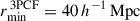 Mathematical equation: $ r_\mathrm{{min}}^\mathrm{{\,3PCF}} = 40 \, h^{-1} \, \mathrm{{Mpc}} $