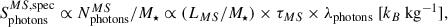 Mathematical equation: $$ \begin{aligned} S_{\rm photons}^{MS, \mathrm{spec}} \propto N_{\rm photons}^{MS}/M_{\star } \propto (L_{MS}/M_{\star }) \times \tau _{MS} \times \lambda _{\rm photons}\ [k_B\ \mathrm{kg}^{-1}] ,\end{aligned} $$