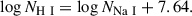 Mathematical equation: $$ \begin{aligned} \log N_{\rm H\ I} = \log N_{\rm Na\ I} + 7.64. \end{aligned} $$