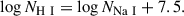 Mathematical equation: $$ \begin{aligned} \log N_{\rm H\ I} = \log N_{\rm Na\ I} + 7.5. \end{aligned} $$